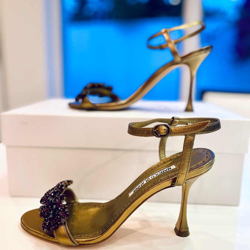 Manolo Blahnik Finah Bronze Amethyst Crystal Sandal
